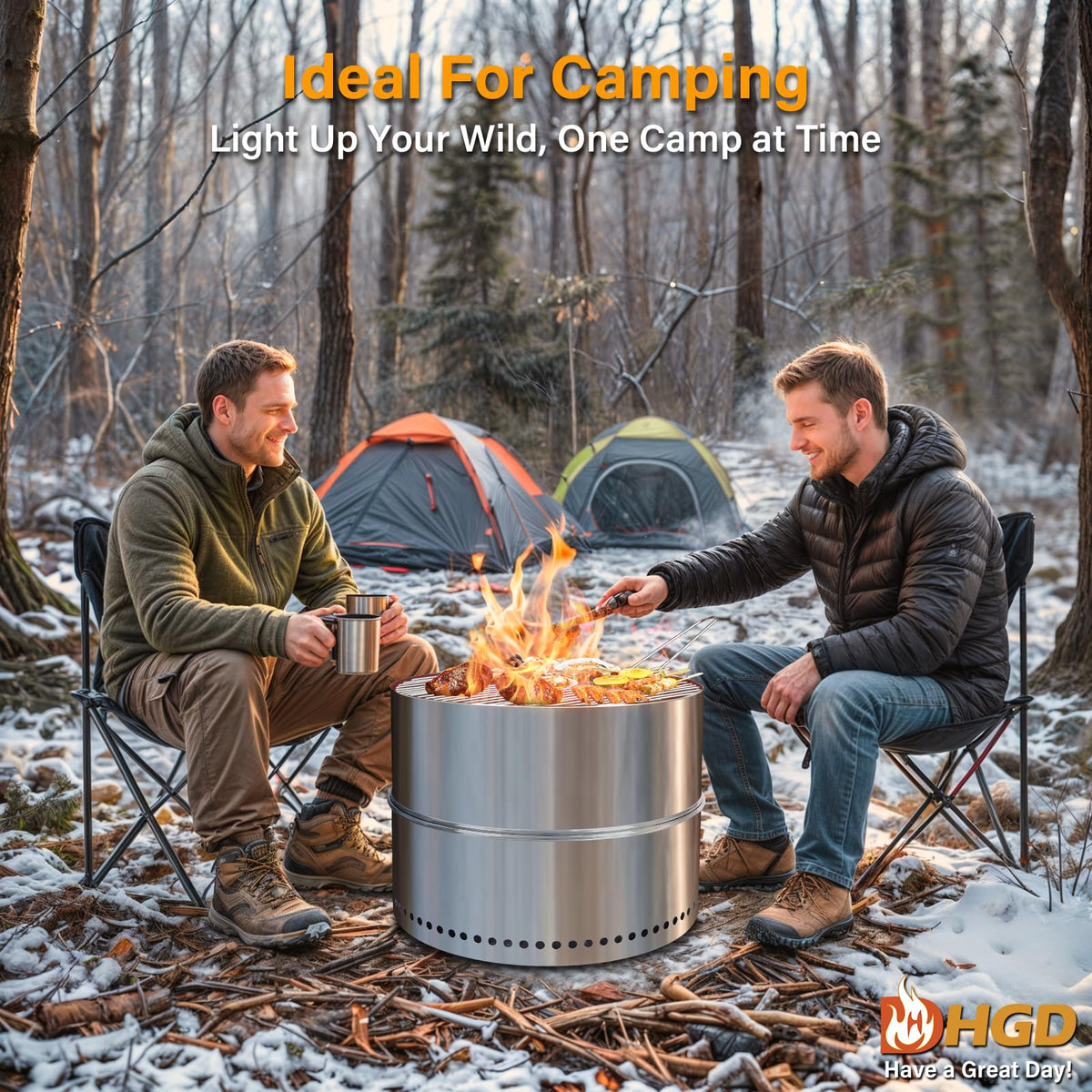 HGD - Chimenea sin Humo de 19.5 Pulgadas con Parrilla, fogata portátil de leña para Camping y Patio, Chimenea de Acero Inoxidable al Aire última intervensión con Bolsa de Viaje, fácil instalación y