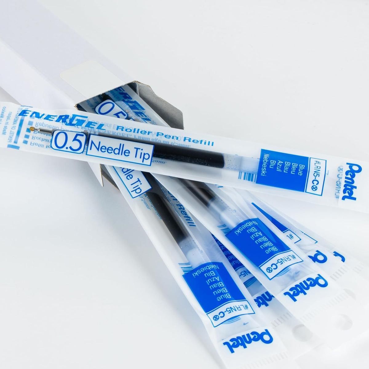 Pentel - Tinta de repuesto para bolígrafo de gel EnerGel, punta de aguja de 0,5 mm, tinta fina, azul, paquete de 6 recambios