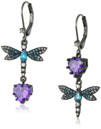 Betsey Johnson Pendiente Gota Doble Circonita Cúbica Mariposa | Una talla, metal tono hematita, circonita cúbica y vidrio, cierre palanca trasera