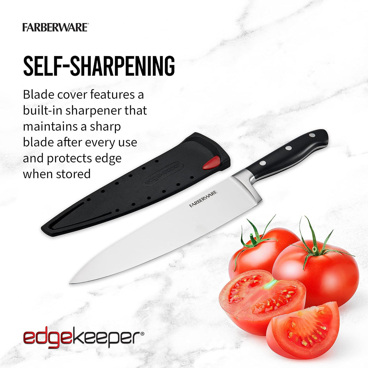 Farberware Edgekeeper Cuchillo de chef forjado triple remachado de 8 pulgadas con cubierta de hoja autoafilable, cuchillo de cocina de acero inoxidable de alto carbono con mango ergonómico, cuchillo