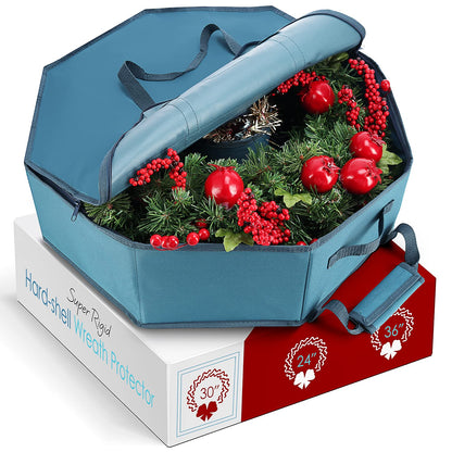 Hearth & Harbor Contenedor de almacenamiento para coronas de Navidad – Bolsa de almacenamiento rígida para coronas de Navidad con bolsillos interiores, doble cremallera y asas – Caja organizadora de