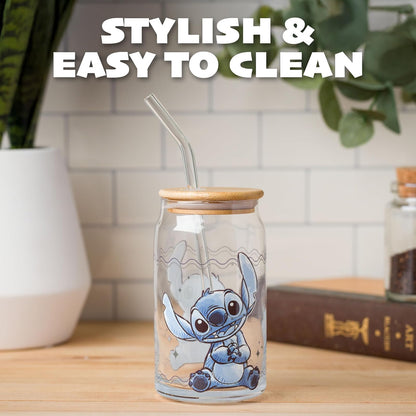 Silver Buffalo Disney Lilo and Stitch - Vaso de vidrio sentado con tapa de bambú y popote de vidrio, 16 onzas