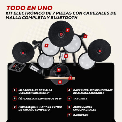 Alesis Turbo Max Batería Electrónica | Compacta, Plegable, Pads de Malla Silenciosos, Toms de 8", Platillos de 8", Bluetooth, Banqueta, Audífonos, Baquetas