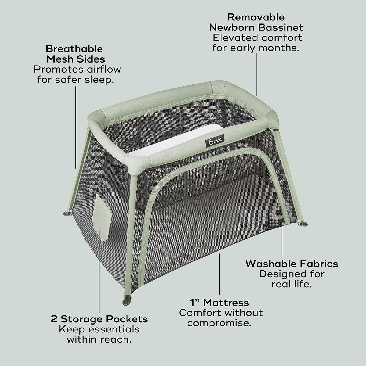 Babymoov Moov & Comfy Cuna de Viaje y Corral 3 en 1, Cama Portátil para Bebé, Bassinet y Playard para Casa, Viajes, Siestas y Juego, Práctico para Uso Diario, Verde Salvia