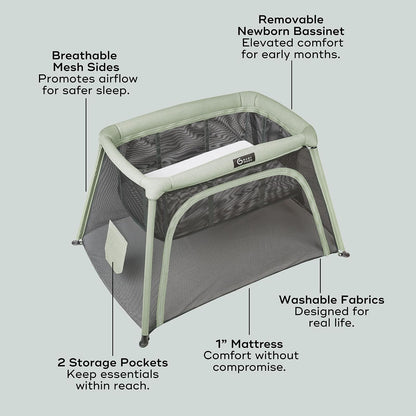Babymoov Moov & Comfy Cuna de Viaje y Corral 3 en 1, Cama Portátil para Bebé, Bassinet y Playard para Casa, Viajes, Siestas y Juego, Práctico para Uso Diario, Verde Salvia