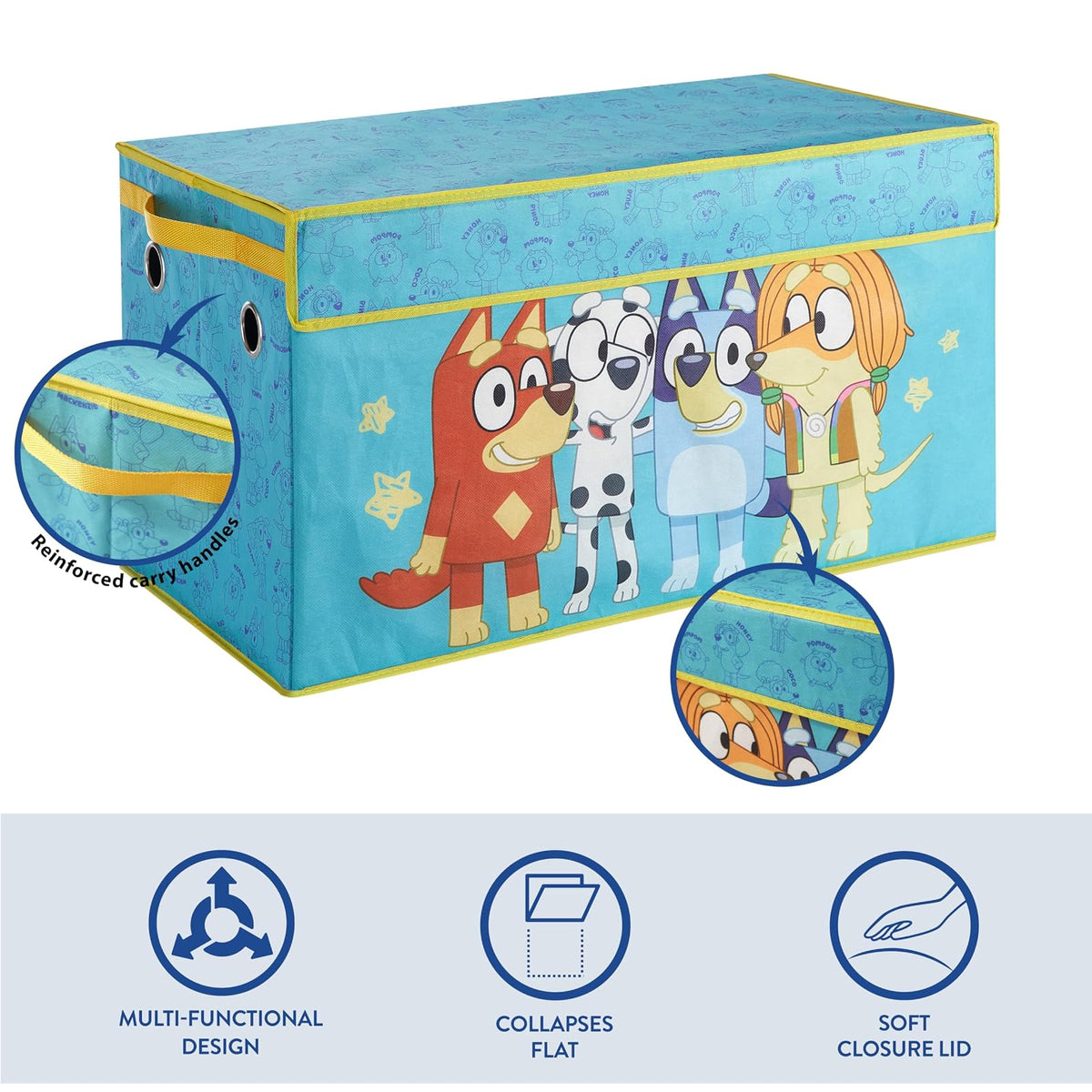 Idea Nuova Bluey - Baúl de almacenamiento plegable de tela duradera con tapa suave, 28.5 x 14.5 x 16 pulgadas, organizador de habitación para niños
