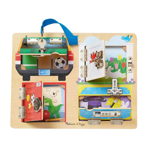 Melissa & Doug Tablero de Juego con Cierres y Cerraduras, Juguete de Madera, Juguete Educativo, Construcción Robusta de Madera, Ayuda a Desarrollar Habilidades Motoras Finas (5.842 cm alto x 24.003 cm ancho x 3.556 cm largo)