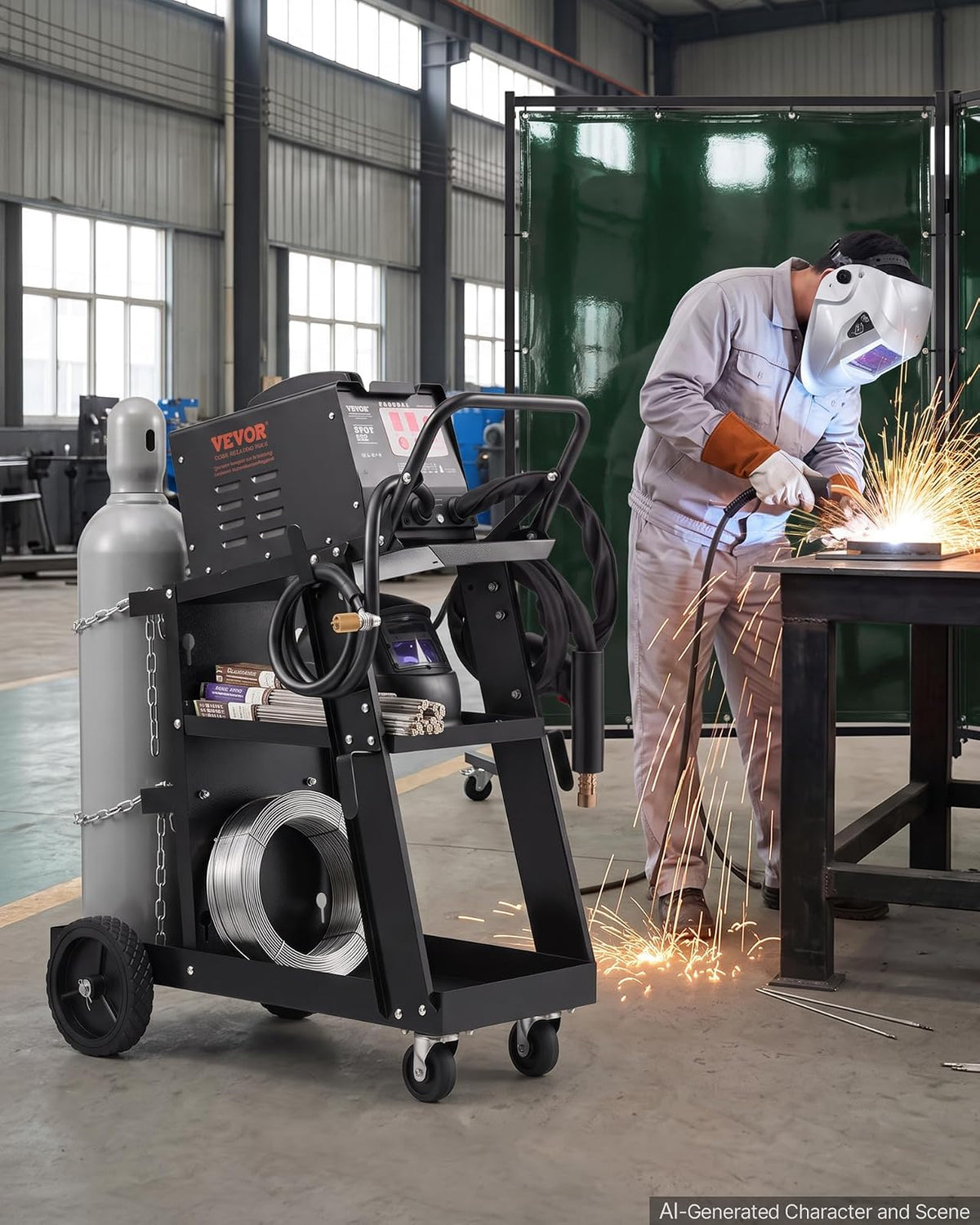 VEVOR - Carrito de soldadura de 3 niveles, resistente con capacidad de peso estático de 400 libras, ruedas giratorias de 360°, cadenas de seguridad de almacenamiento de tanques, carrito de soldadura MIG rodante para máquina de soldadura TIG, ARC, MMA