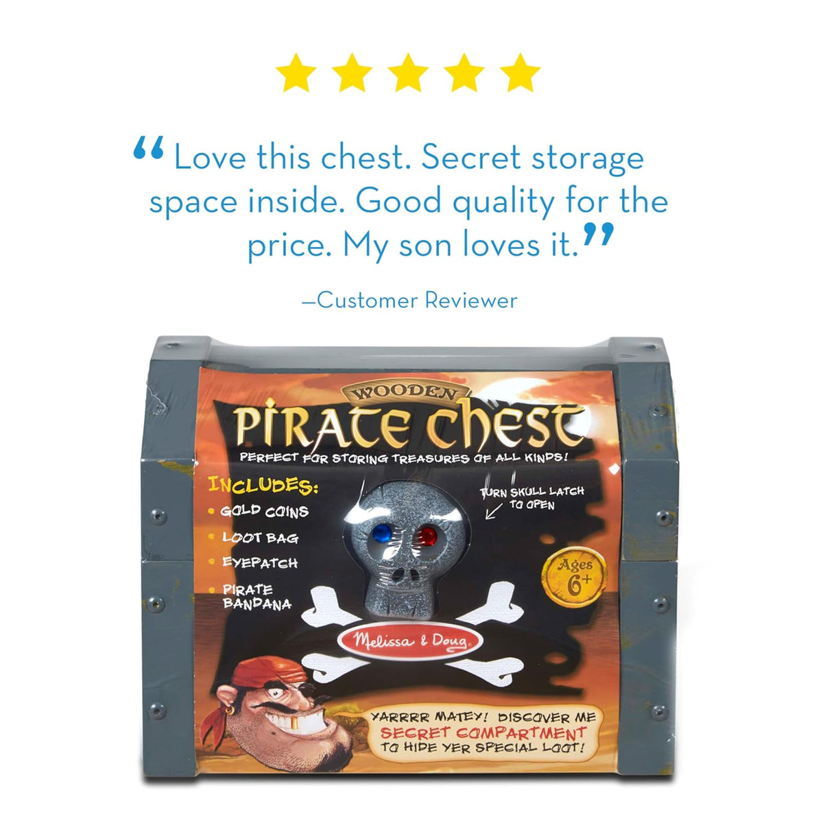 Melissa & Doug Cofre Pirata de Madera, Set de Cofre del Tesoro, Juego de Simulación, Accesorios para Disfraz de Pirata