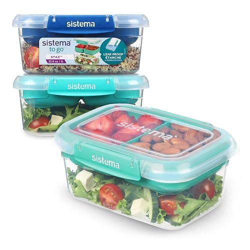 Sistema TO GO Stax - Contenedores de almacenamiento de alimentos a prueba de fugas, 1 l, recipientes herméticos y apilables para preparar comidas con tapas, fiambreras, sin BPA, 3 unidades