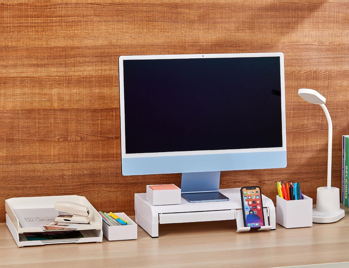 Bostitch Konnect - Elevador Ajustable para Monitor con cajón y Soporte para teléfono Celular, Soporte para computadora portátil, 4 Niveles de Altura, gestión de Cables y Patas de Goma