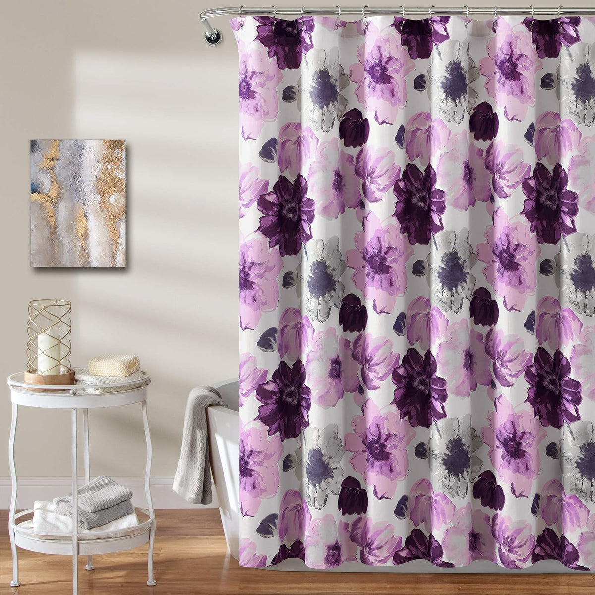Lush Decor - Cortina de Ducha Floral de Leah, 72 Pulgadas de Ancho x 72 Pulgadas de Largo, púrpura y Gris, Bonita Cortina de Ducha Morada, decoración de Primavera, Flores Coloridas florecientes,