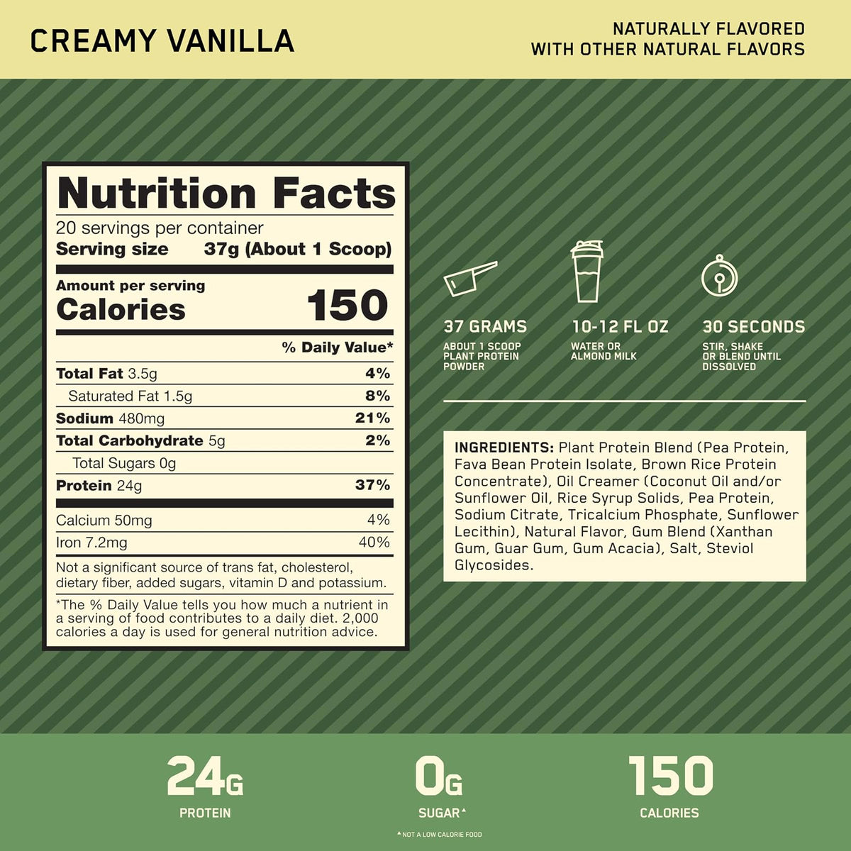 Optimum Nutrition ON Gold Standard 100% Plant based Proteina sabor Vainilla, 0g de azúcar, Gluten Free, Vegana, 1.76 lb.