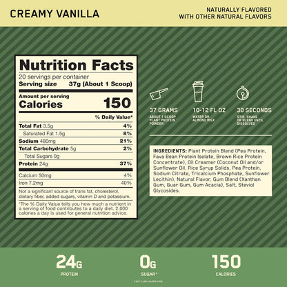 Optimum Nutrition ON Gold Standard 100% Plant based Proteina sabor Vainilla, 0g de azúcar, Gluten Free, Vegana, 1.76 lb.