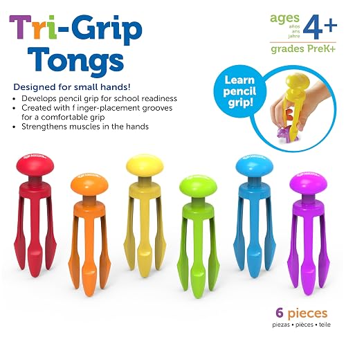 Learning Resources 3 Prong Tong, Pinzas de Agarre de Lápiz, Contenedor Sensorial, Juguete de Motricidad Fina, Juego de 6 Piezas, Mayores de 4 Años