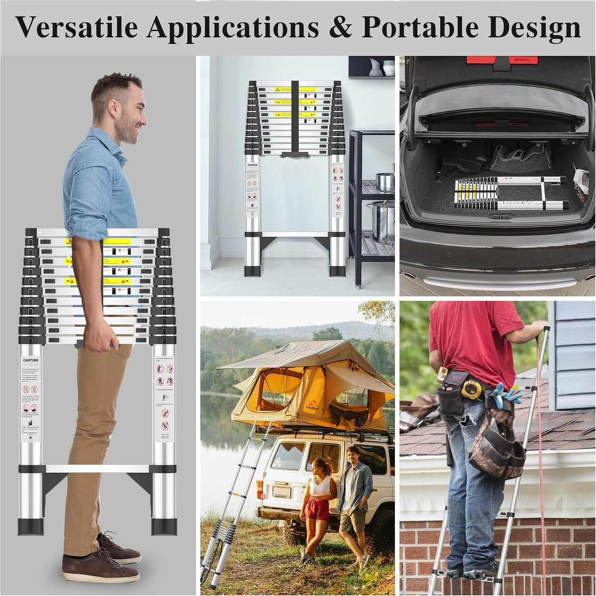 Extensión telescópica telescópica plegable – Telescopio de 16.5 pies Rv plegable extensible alto compacto escaleras de aluminio – para casa techo remolques de viaje ajustable – capacidad de 350 libras