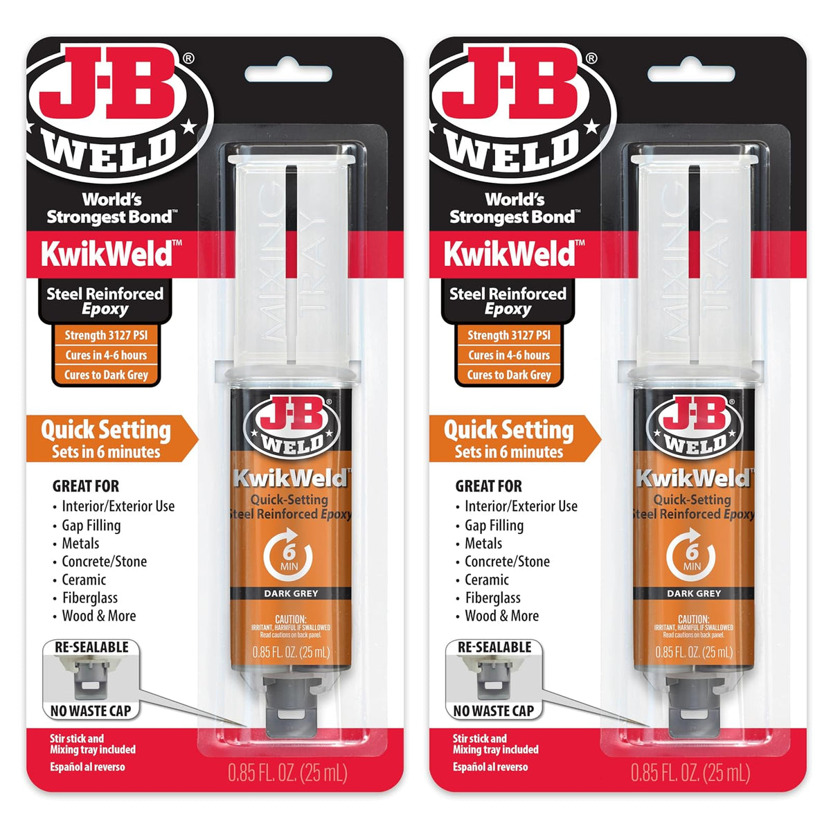 J-B Weld Epoxy KwikWeld de Alta Resistencia, Fraguado en 6 Minutos, Gris Oscuro, Paquete de 2, 25 ml, 50176-2