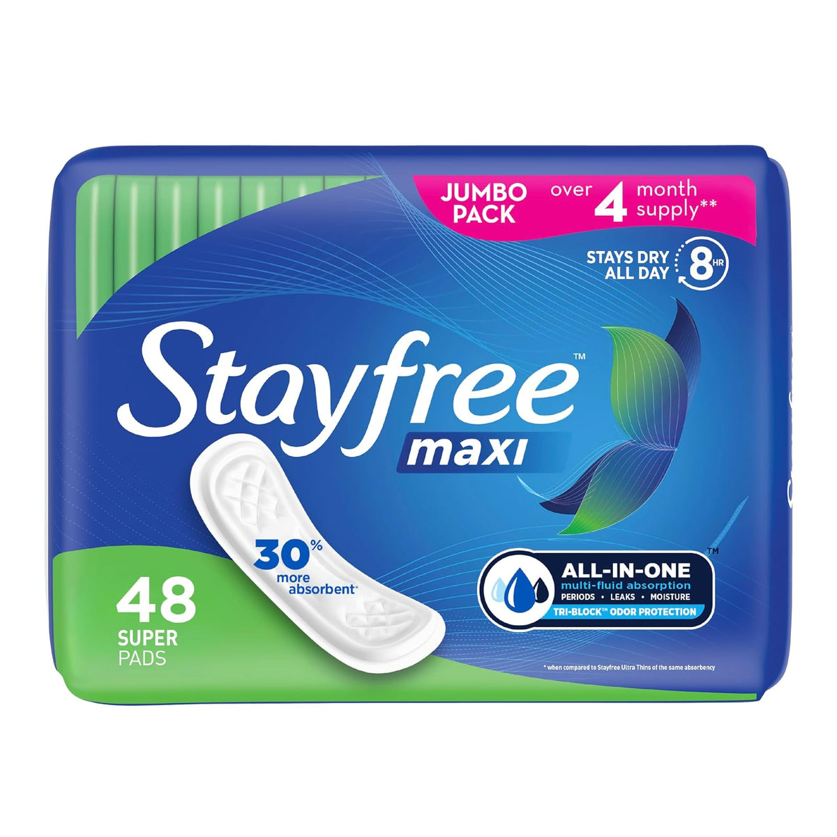 Stayfree Maxi Super Long Wingless - Almohadillas de protección y absorción fiables para mujeres, 48 unidades (paquete de 1)