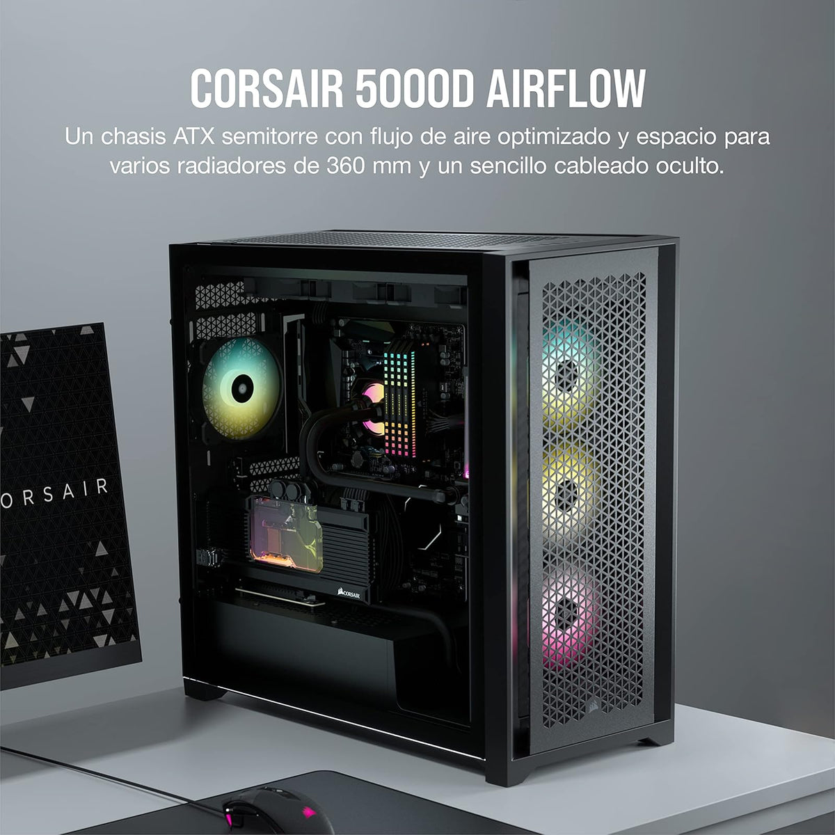 Corsair 5000D Airflow Caja de PC ATX de Torre Media - Negro | Vidrio Templado, 2x Ventiladores de 120 mm Incluidos, Sistema de Gestión de Cables RapidRoute
