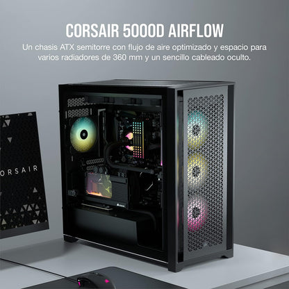 Corsair 5000D Airflow Caja de PC ATX de Torre Media - Negro | Vidrio Templado, 2x Ventiladores de 120 mm Incluidos, Sistema de Gestión de Cables RapidRoute