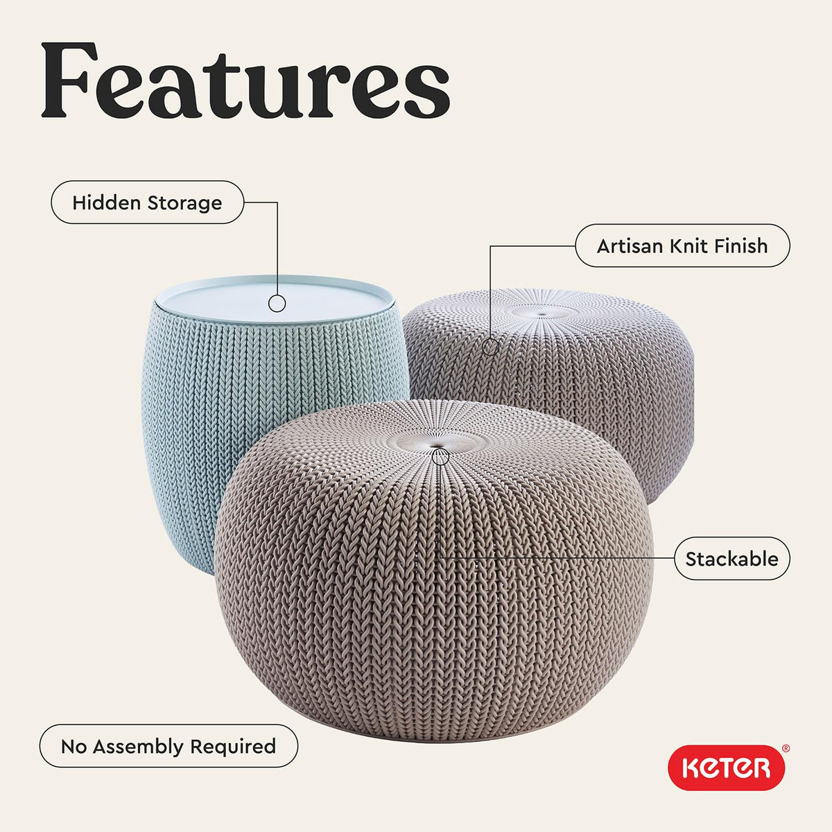 KETER Urban Knit - Juego de 2 puf otomano con Mesa de Almacenamiento para decoración de Patio y habitación, Perfecto para balcón, terraza y Asientos al Aire Libre