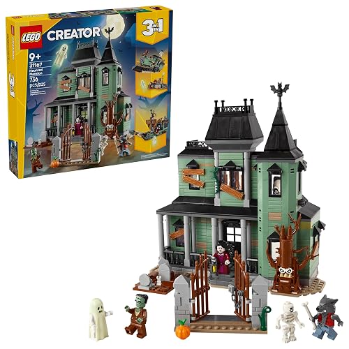 LEGO Creator 3en1 Mansión Embrujada Juguete para Construir una Casa, Se Convierte en un Barco o un Tren con 5 Minifiguras, Regalo para Halloween, para Niños de 9 Años o Más 31167