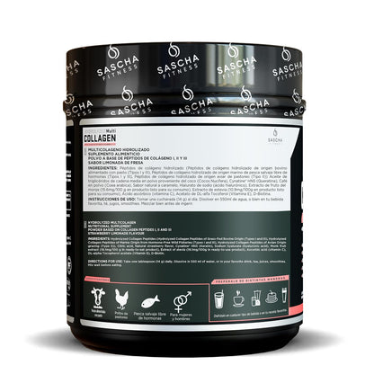 Sascha Fitness Multi Colágeno Hidrolizado | Ácido Hialurónico | Biotina | Cynatine HNS | Vitamina C & E - Sabor Limonada de Fresa
