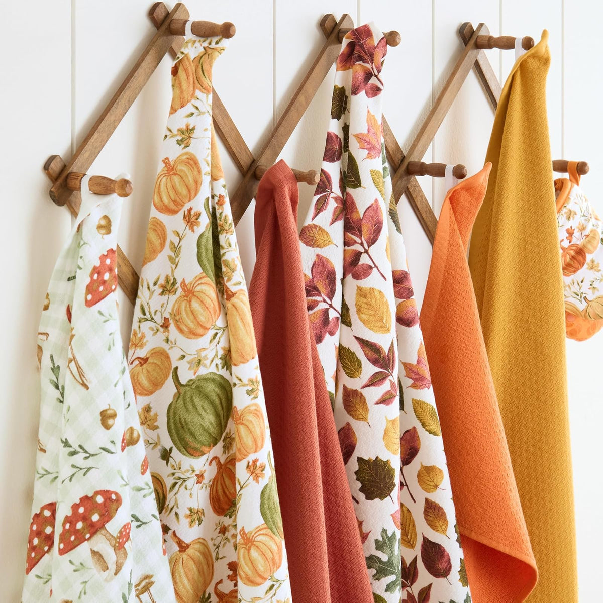 Martha STWEART - Juego de 3 Toallas de Cocina de otoño, 100% algodón con Rizo Absorbente, Toallas de Cocina Decorativas, Naranja/Verde/Marfil, 16 x 28 Pulgadas