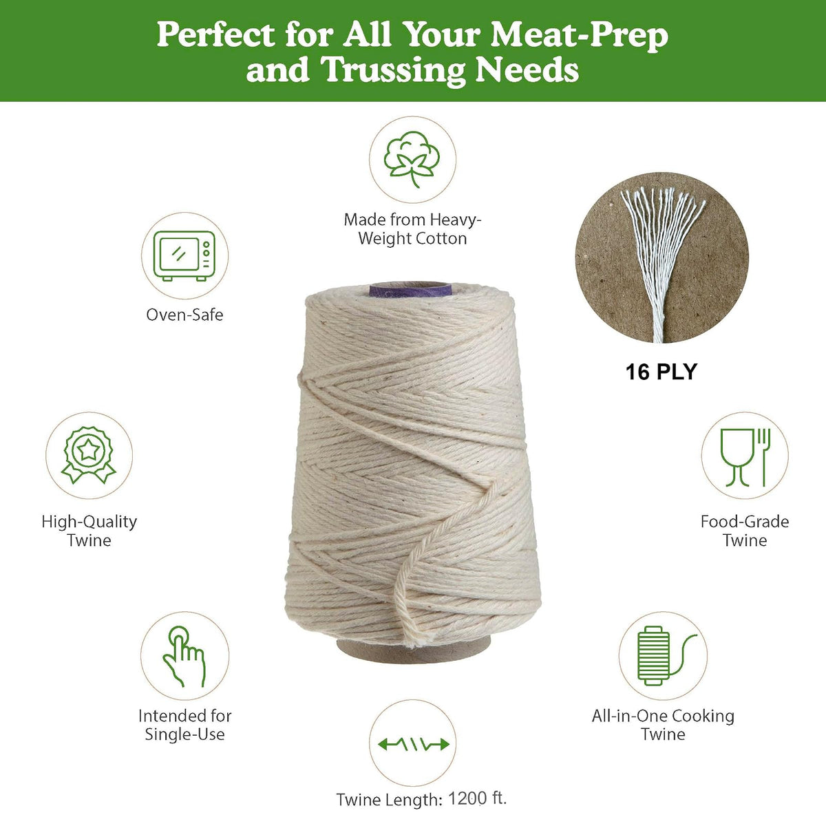 Regency Wraps - Cordel de Cocina para carniceros, Hecho de algodón Natural Pesado para Trussing de Pavo y preparación de Carne para Asar Cono de 1000 pies, Aprox. 1 Libra Paquete de 1
