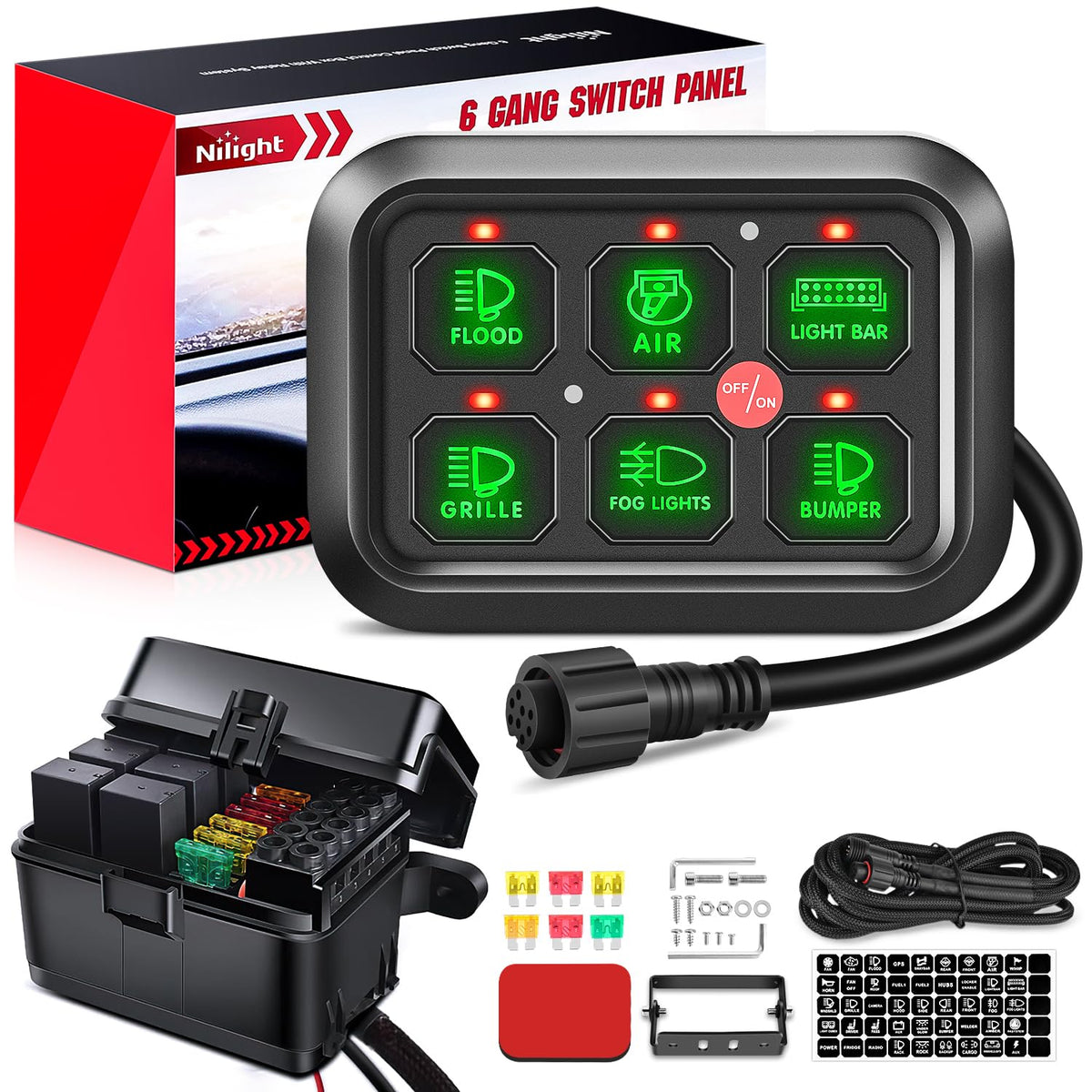 Nilight Panel de 8 Interruptores con Arnés de Cableado 12-24V - forro polar verde con licencia oficial de star wars silent one crew. - 6 Gang Switch - Vaina