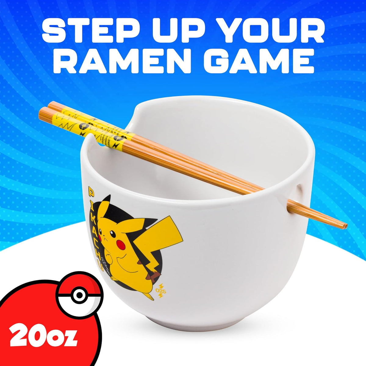 Silver Buffalo Pokemon Pikachu - tazón de arroz con palillos de cerámica para fideos Ramen, apto para microondas, 20 onzas