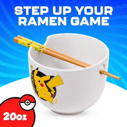 Silver Buffalo Pokemon Pikachu - tazón de arroz con palillos de cerámica para fideos Ramen, apto para microondas, 20 onzas