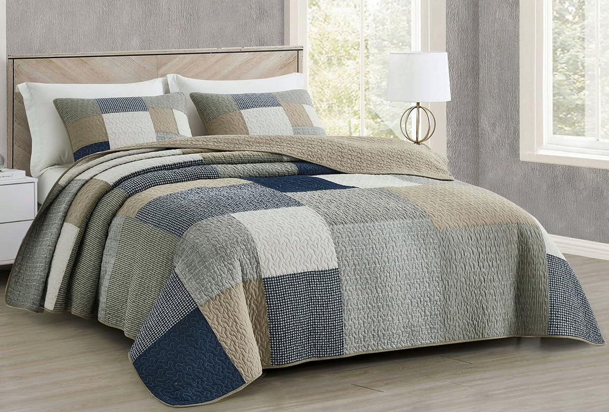 Chezmoi Collection Quinn Juego de Edredón Patchwork, 3 Piezas - Queen - Plaid Patchwork Taupe