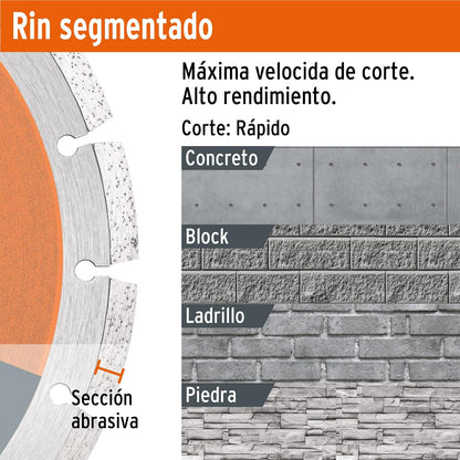 Truper DID-390, Disco de diamante de 9" x 2.7 mm, rin segmentado