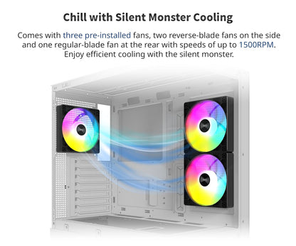 MONTECH XR, ATX Estuche para Juegos de PC de Torre Media, 3 Ventiladores ARGB PWM de 120 mm preinstalados, Panel de Vidrio Templado Dual de visión Completa, Interfaz de E/S de diseño de Grano de