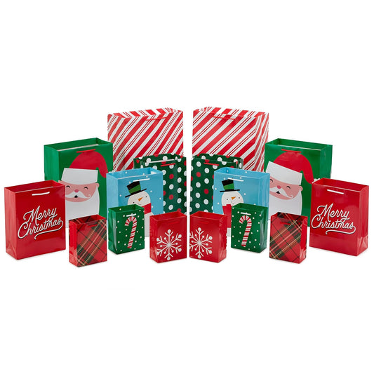 Hallmark Image Arts - Paquete surtido de bolsas de regalo de día festivo (16 bolsas: 6 pequeñas de 5 pulgadas, 6 medianas de 8 pulgadas, 2 grandes de 11 pulgadas, 2 XL de 14 pulgadas), rojo y verde,
