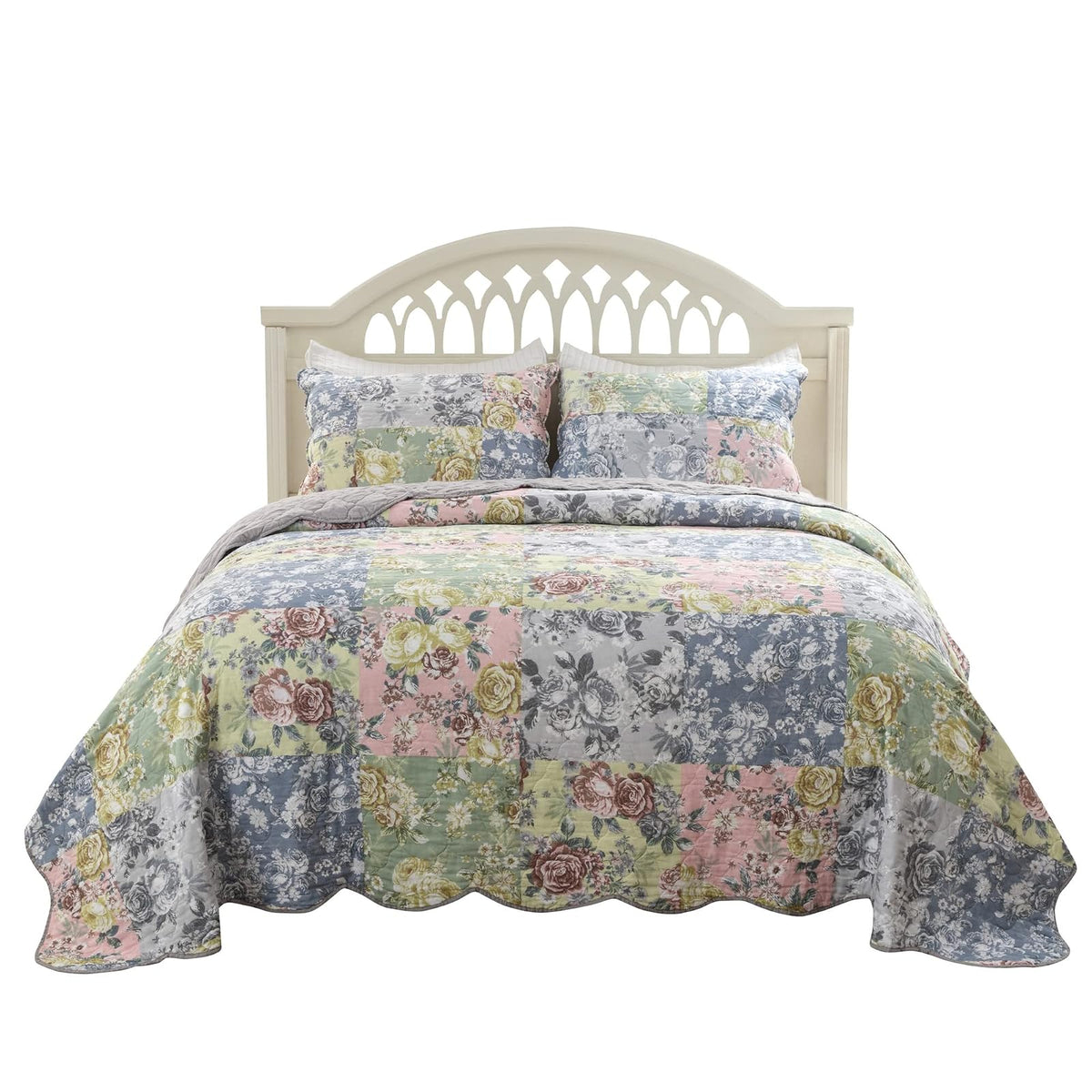 Greenland Home Emma Floral clásico Juego de edredón Reversible, Tamaño 3 Piezas King, Gris