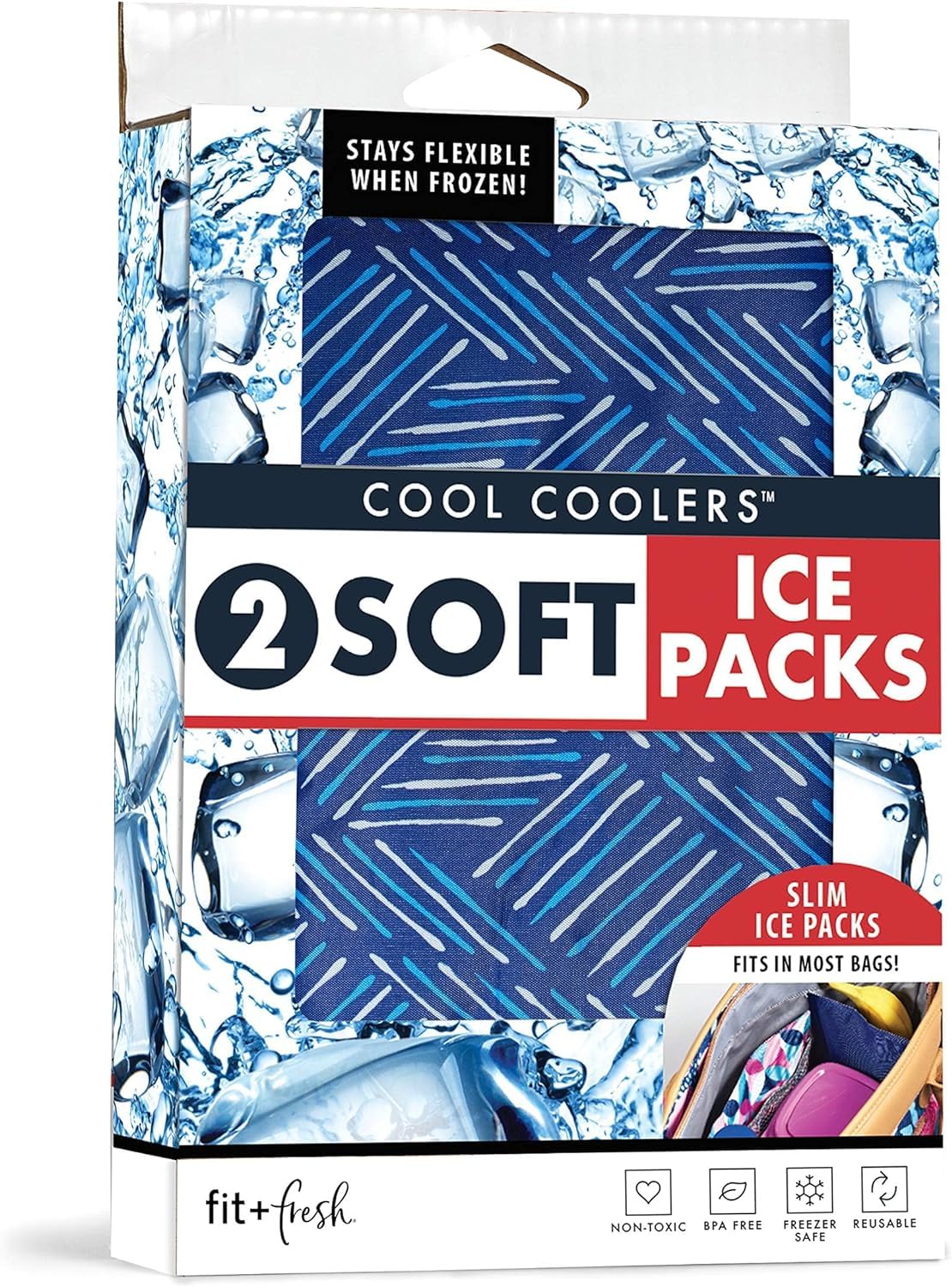 Fit & Fresh Cool Coolers - Paquetes de hielo suaves reutilizables y flexibles, 2 unidades, tela de dibujo azul marino y azul