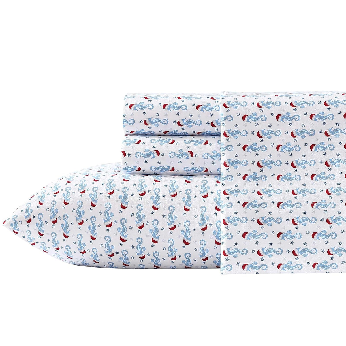 Nautica Juego de Sábanas Individuales de Franela Estampada - Doble - Holiday Seahorse Blue