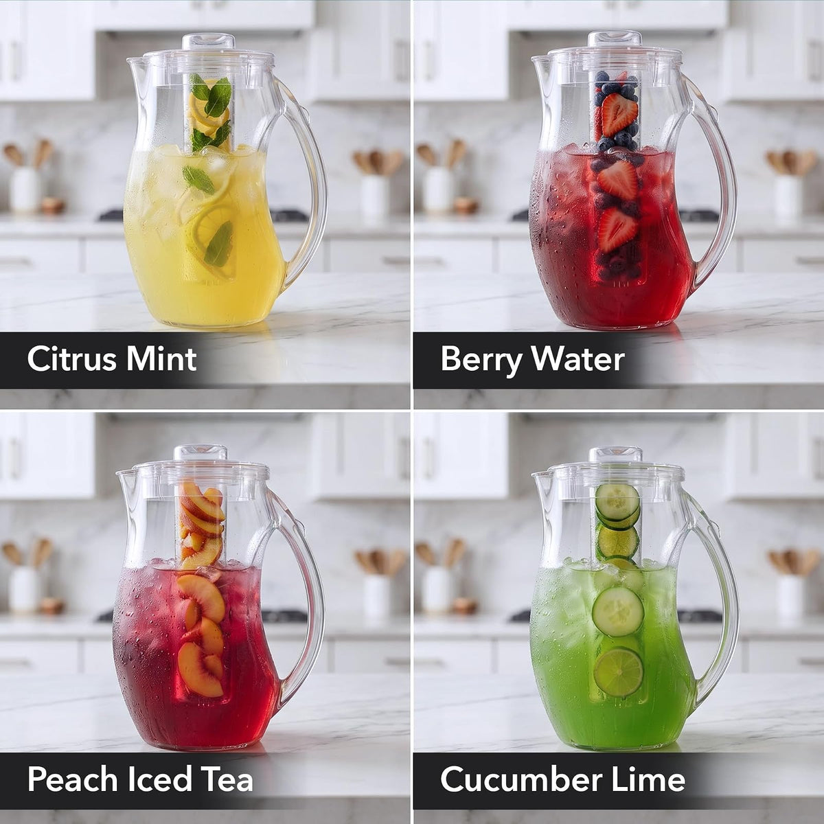 OVENTE - Jarra de agua para infusión de frutas de 2.5 l (85 onzas) con tapa extraíble y barra de infusor, jarra de bebidas acrílica sin BPA, ideal para bebidas con sabor a limonada, jugo, té helado y