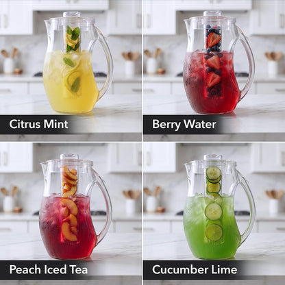 OVENTE - Jarra de agua para infusión de frutas de 2.5 l (85 onzas) con tapa extraíble y barra de infusor, jarra de bebidas acrílica sin BPA, ideal para bebidas con sabor a limonada, jugo, té helado y