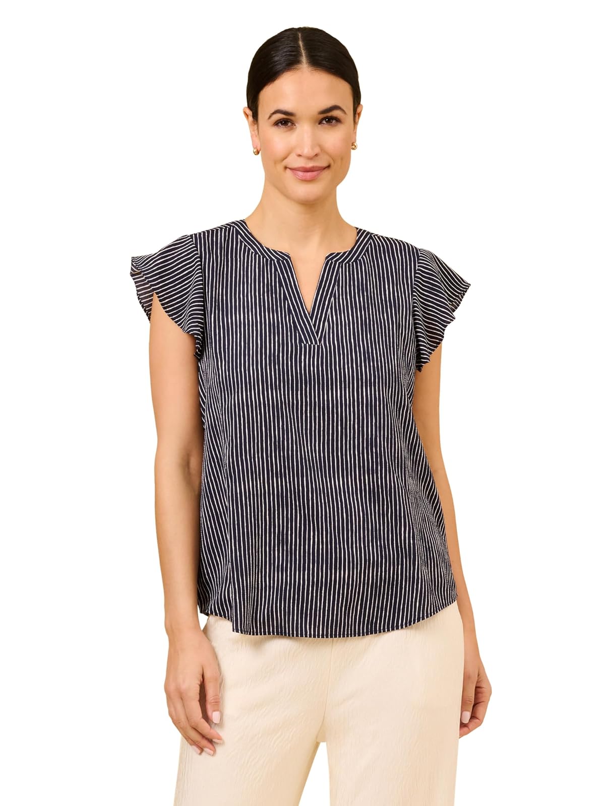 Adrianna Papell - Blusa con Mangas voladas para Mujer, Rayas onduladas Azul Marino, Large