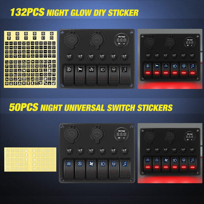 Nilight 6 Gang ON Off Rocker Switch Panel Red Backlit 12V 24V LED Digital Voltmeter 3.1A Dual USB Charger Cigarette Lighter Socket Overload Protection for Cars RVs Boats (90122F)