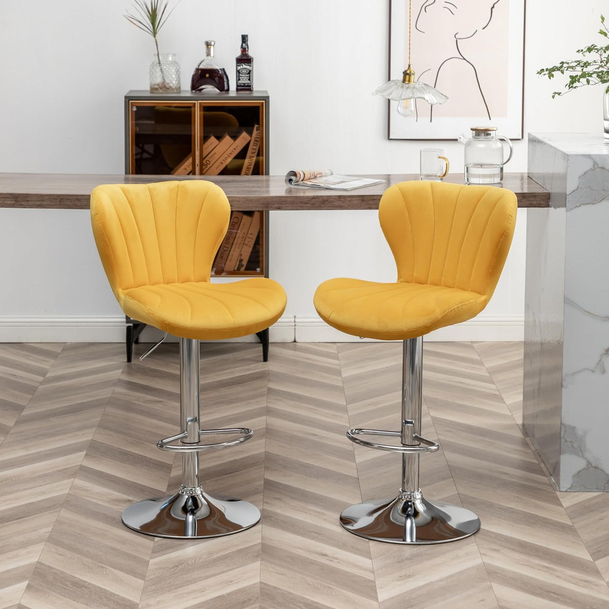 Roundhill Furniture Ellston - Taburetes giratorios de Terciopelo Ajustables en Amarillo, Juego de 2