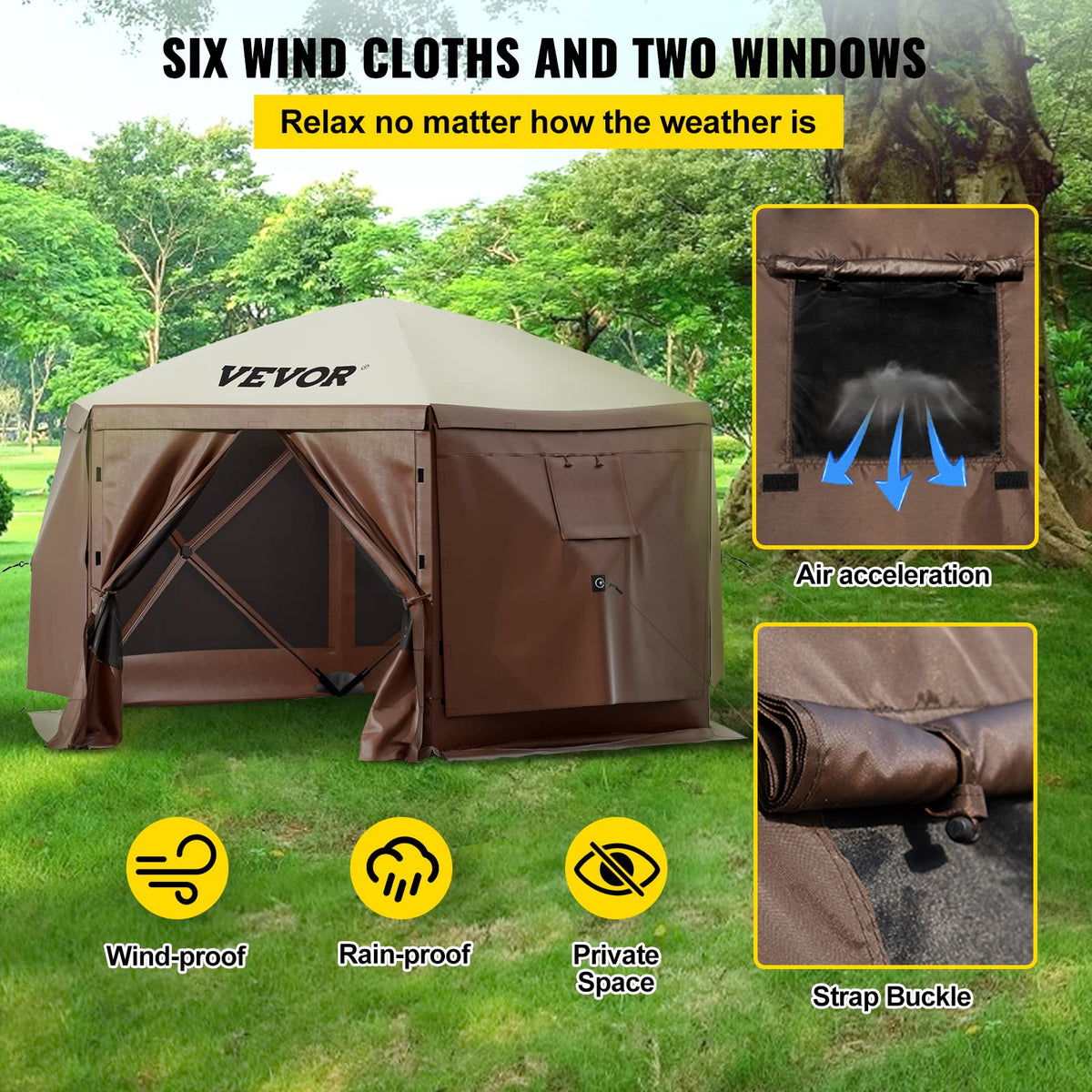 VEVOR - Tienda de campaña con Ventana de Malla, 1.25 x 12 pies, Tienda de campaña desplegable de 6 Lados con Ventanas de Malla, Bolsa de Transporte portátil, estacas de Tierra, Tiendas de campaña