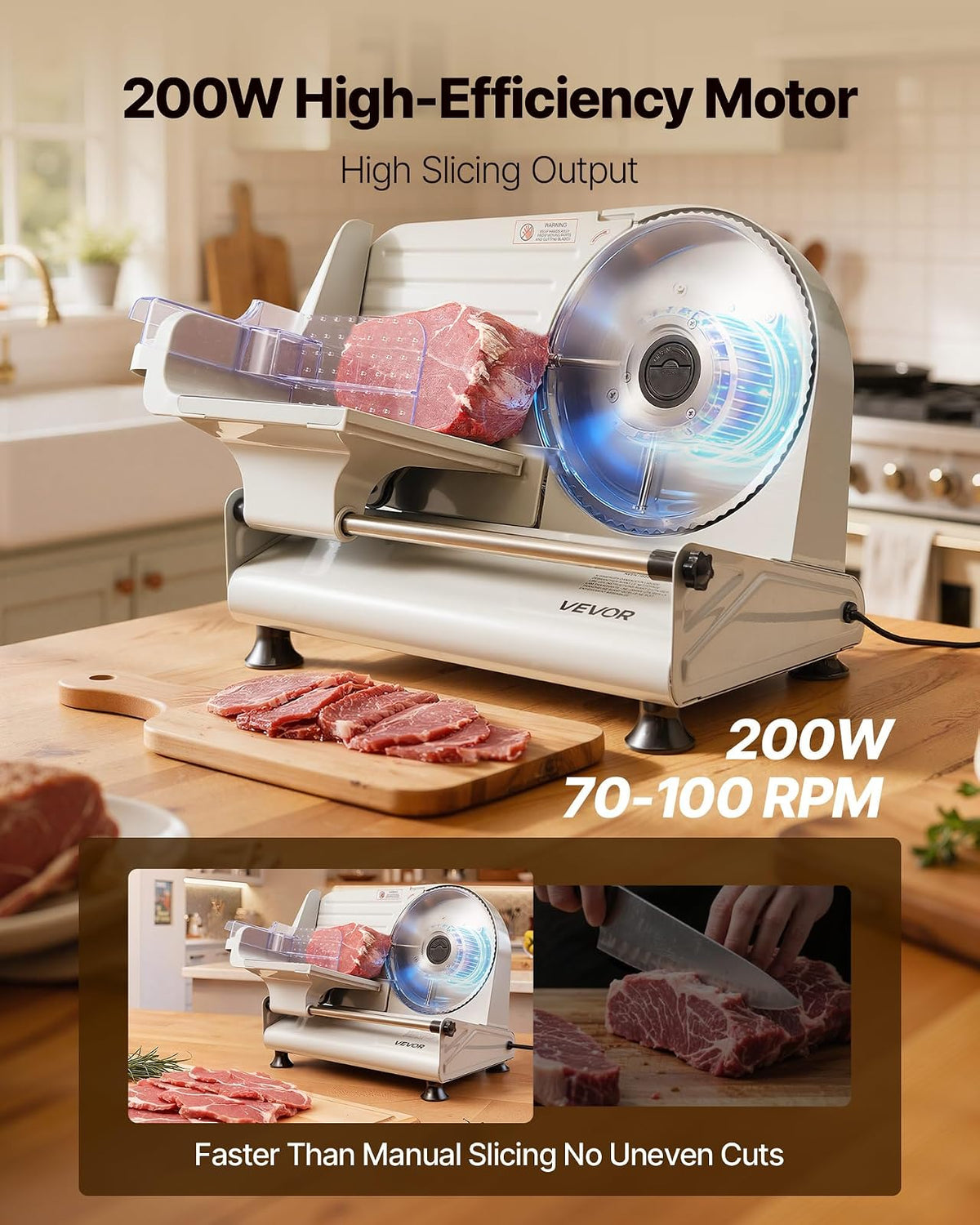 VEVOR Cortadora de carne, 8.6" eléctrica, con 2 cuchillas SUS420 y grosor ajustable de 0 a 0.6", doble bloqueo de seguridad, 200 W, para el hogar, ideal para carne congelada, jamón,baguettes y filetes