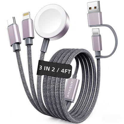 Travel Essentials, cable USB C 3 en 2 para cargador de Apple Watch, cargador de iPhone, cable de carga múltiple, artículos esenciales para caravanas y campamentos, portátil para iWatch Series 11-2