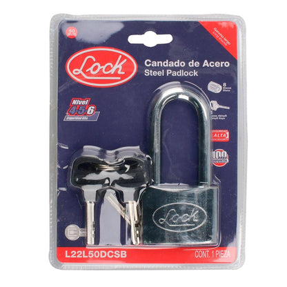 Lock L22L50DCSB Candado de Acero Largo Llave de Discos, Cromo Satinado, 50 mm