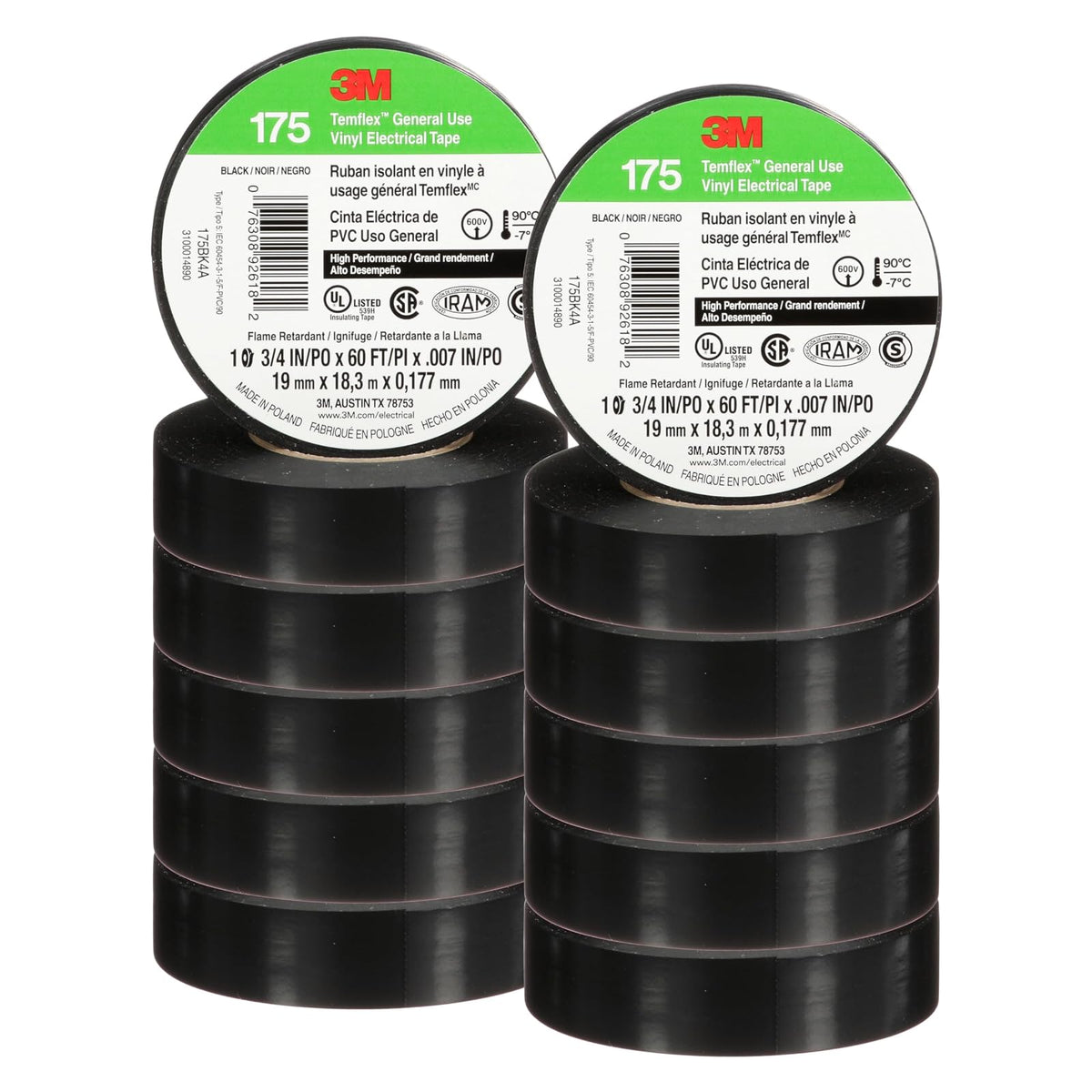 3M Temflex Cinta Eléctrica de Vinilo 175 Negro 3/4x60ft 10 Rollos | 7 mil, ignífuga, sensible a la presión, protección eléctrica y mecánica, UL CSA