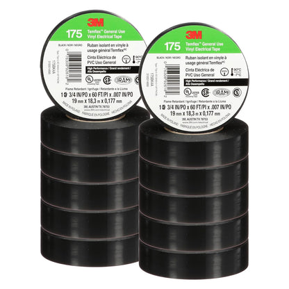 3M Temflex Cinta Eléctrica de Vinilo 175 Negro 3/4x60ft 10 Rollos | 7 mil, ignífuga, sensible a la presión, protección eléctrica y mecánica, UL CSA